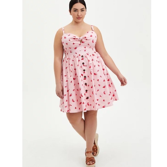 TORRID NWT PINK WATERMELON TIE FRONT SKATER DRESS - Picture 2 of 7